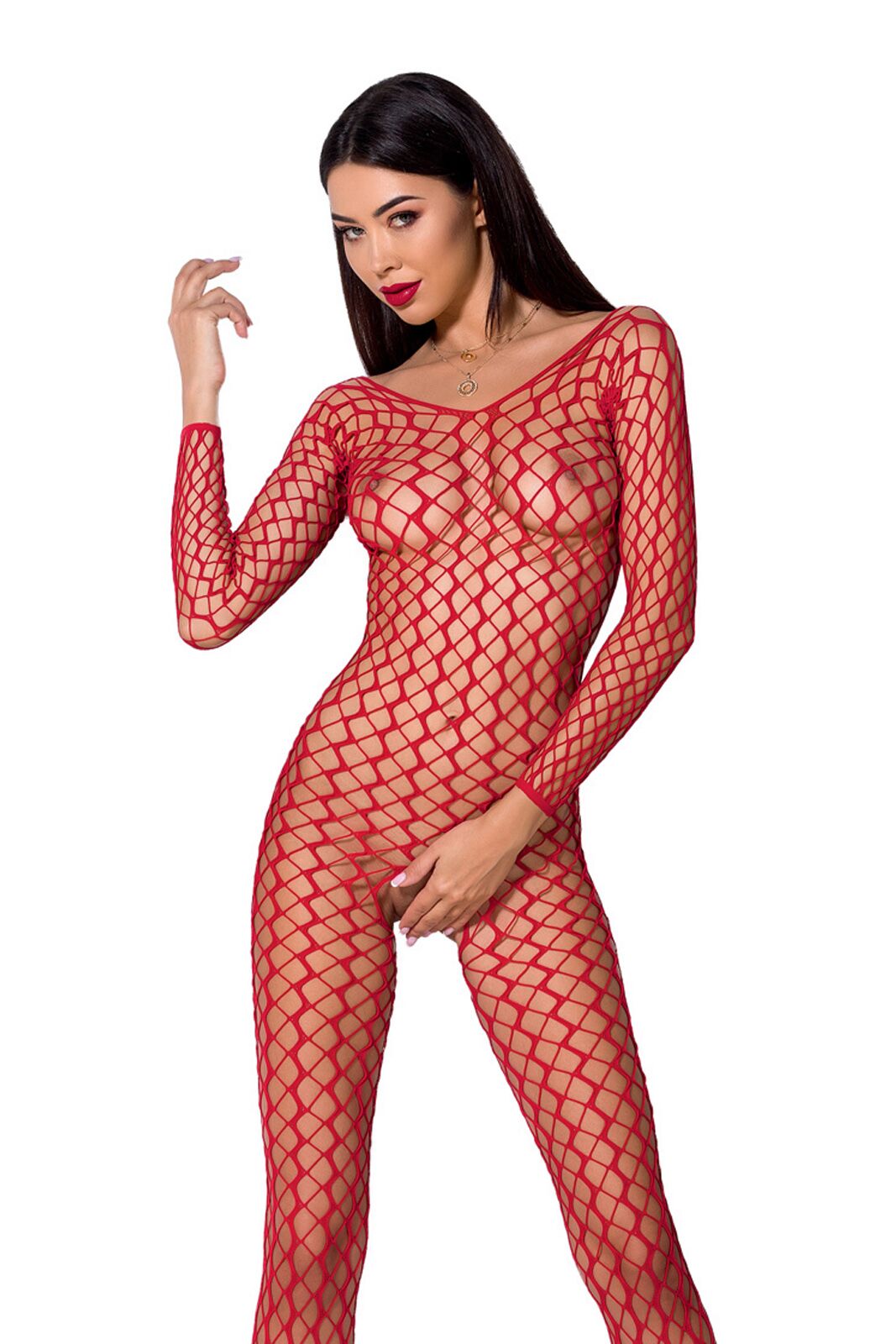 Бодістокінг Passion BS068 red, комбінезон, велика сітка, довгий рукав