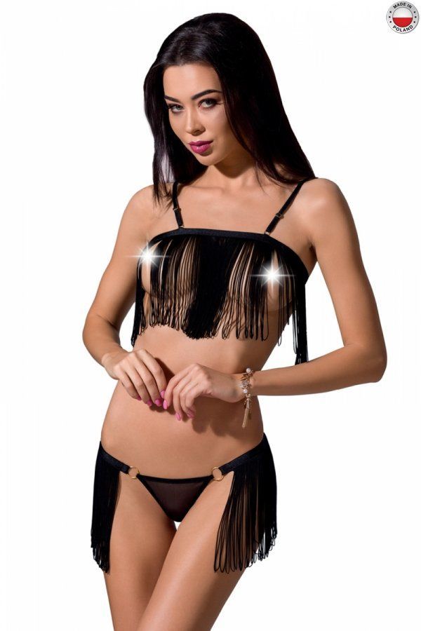 Комплект білизни KASSANDRA SET OpenBra black S/M - Passion Exclusive: ліф з бахроми, трусики-спідниц